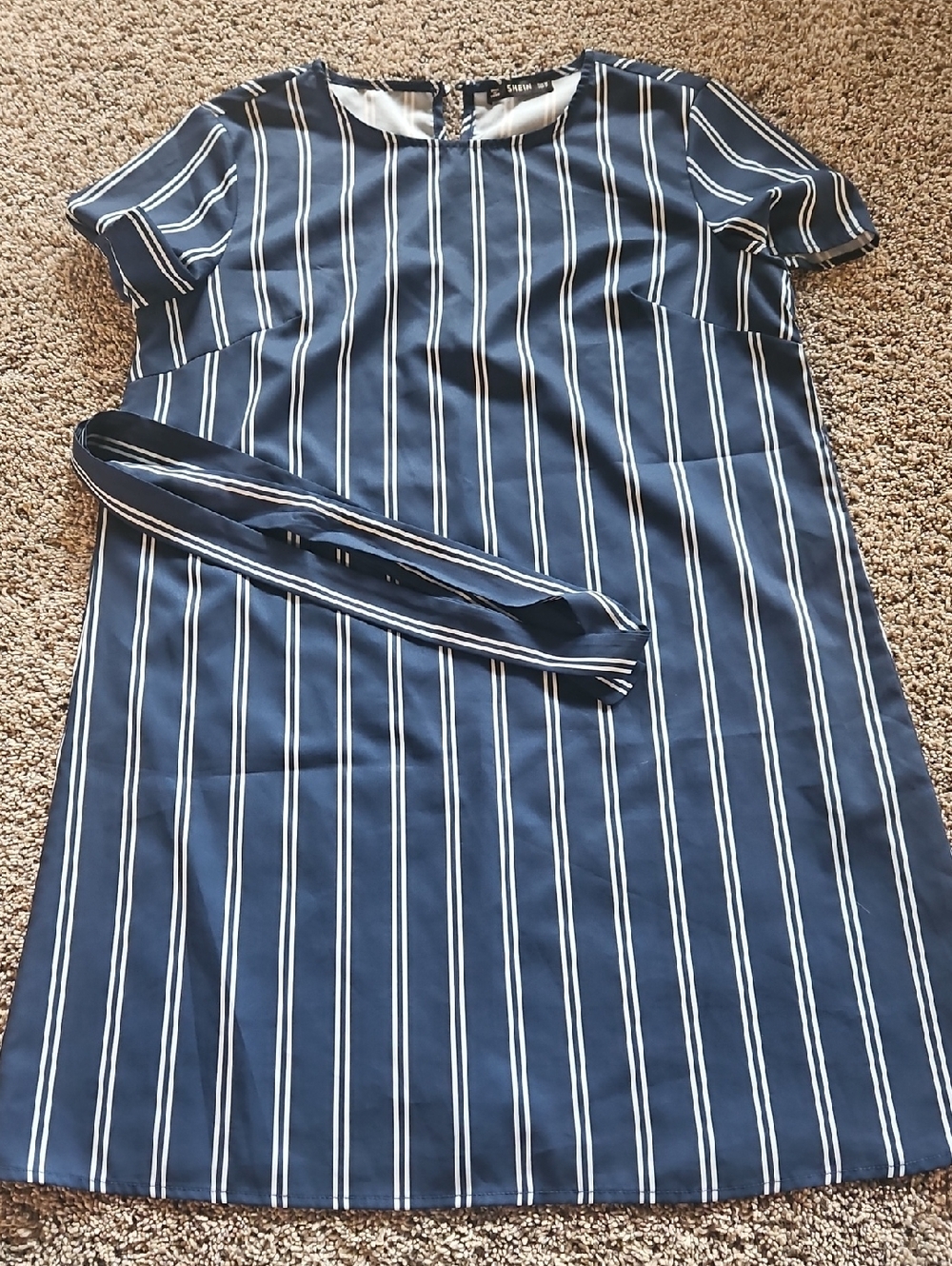 SHEIN Navy and White Striped Short Sleeve Dress with Belt